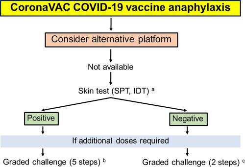 Figure 2 Suggested approach in patients with CoronaVac COVID-19 vaccine anaphylaxis. aSkin prick test with full-strength vaccine, intradermal testing with 0.02 mL of CoronaVac vaccine at 1:100 dilution (normal saline as diluent). bFive-step graded challenge: based on usual dose of vaccine is 0.5 mL, intramuscularly administer vaccine 1:10 dilution for 0.05 mL, full strength for 0.05 mL, full strength for 0.1 mL, full strength for 0.15 mL, full strength for 0.2 mL with a 15-minute interval, and then closely observe for 60 minutes. cTwo-step graded challenge: based on usual dose of vaccine is 0.5 mL, intramuscularly administer vaccine full strength for 0.05 mL, full strength for 0.45 mL with a 15-minute interval, and then closely observe for 60 minutes.