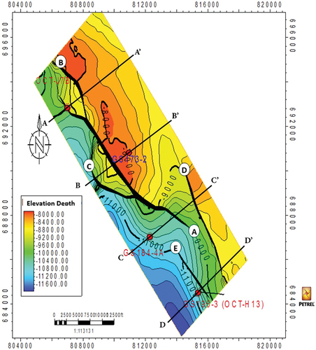 Figure 7. Depth structure contour map for the top of ASL member showing the geologic cross sections illustrated in Figure 8.