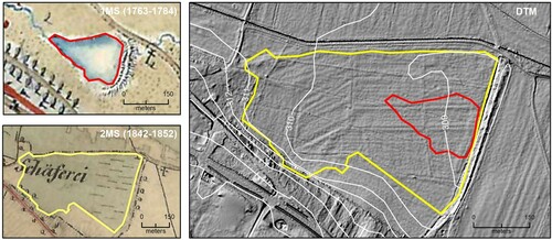 Figure 6. Uncertainty about the reconstruction of water area of pond: red line – pond water area according to 1MS; yellow line – wet meadow according to 2MS; white lines – contours Data source: © Austrian State Archives [Österreichisches Staatsarchiv] – all rights reserved (survey, z.B. ‘Josephinische Landesaufnahme’ / ‘First military survey’), Mapire.eu; ; © Czech National Geoportal (CENIA); © ZABAGED; ČÚZK.