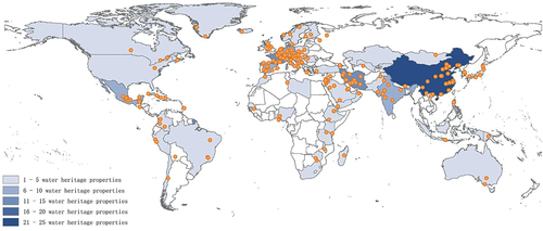 Figure 4. The location of water heritage properties around the world (different shades of blue represent the number of water heritage properties located in each country; the exact locations of water heritage properties are represented by orange dots on the map).