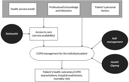 Figure 1 Explanatory model of causal factors influencing COPD management and outcomes, and potential approaches to enhance outcomes.