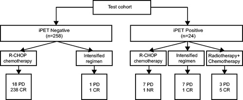 Figure 4. Responses of patients to R-CHOP regimen, intensified regimens and radiotherapy combined with chemotherapy in the test cohort according to the modified-Deauville model.