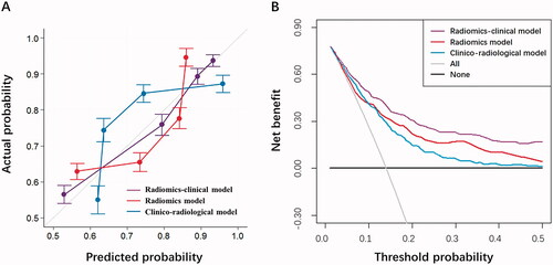 Figure 5. Further model performance evaluation by (a) calibration curve analysis in terms of the agreement between the predicted and actual probability and (b) decision curve analysis in terms of net benefit for the clinico-radiological model, radiomics model, and radiomics-clinical model in the testing cohort.