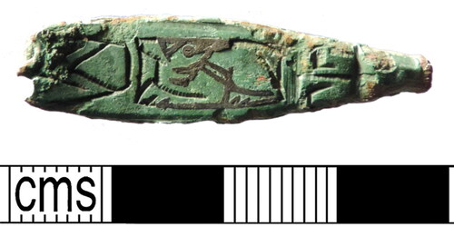 Figure 12. Hand wrought strap-end from Cottam ‘B’ (YORYM-9D8DA2), showing multiple tapping of the chisel, evident in the broken lines delineating the animal, increasing the likelihood that the inlay would key firmly into the design.