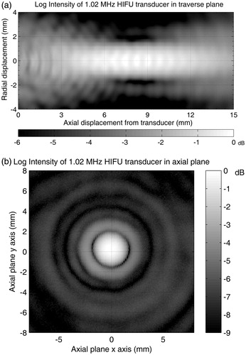 Figure 1. Logarithm of acoustic intensity map in (a) traverse plane and (b) axial plane at maximum intensity along the beam axis.