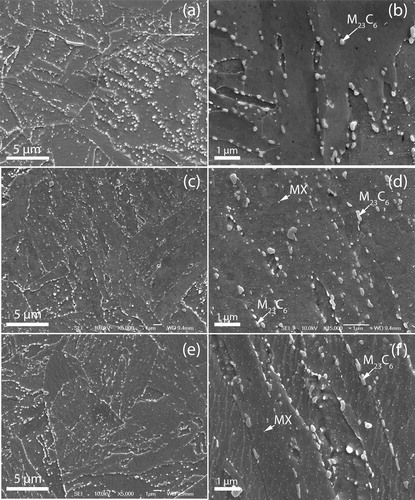 Figure 4. a, b G11; c, d G8; e, f J4Images (SEM) for three steels aged at 650°C for 10 000 h: typical examples of M23C6 and MX precipitates are arrowed