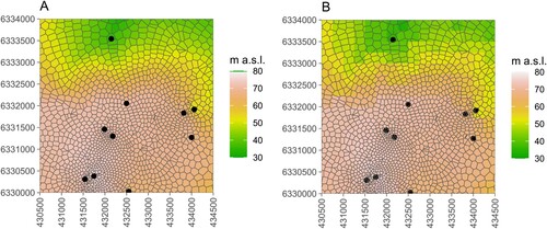 Figure 3. Example of transfer from tessellated height values to the regular grid. Black dots, location of boreholes. (A) Result of 5 step tessellation and (B) projection to the 250 m regular grid.