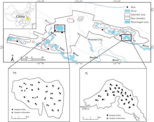 Figure 1. Location of the study area and sampling sites in Gq and Pj. Black filled symbols indicate samples collected in May; gray-filled symbols indicate samples collected in November. For full color versions of the figures in this paper, please see the online version.