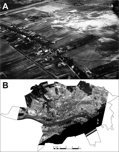 Figure 4. Historical photographs of Toruń: A – part of the Chełmińskie suburb of Toruń of the 1920s, taken from a military observation balloon (source: Regional Museum in Toruń), the picture shows loose eolian sands not covered with vegetation; B – Toruń and surroundings seen through the American reconnaissance satellite Corona 98 (KH-4A 1023) on the 23rd of August 1965 (source: US Geological Survey via Wikigrant number WG 2014-52); the picture shows dunes and eolian sands not covered with vegetation as irregular patches of bright phototones outside the built-up area.