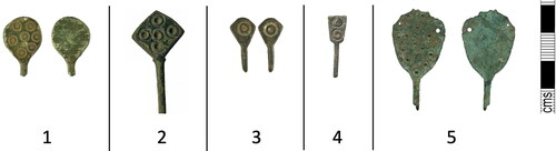 Figure 8. The five main types of plate-headed pins: (1) discoidal (DUR-9B661C); (2) lozenge (FAKL-AE35B4); (3) small pentagonal (LANCUM-B47C34); (4) rectangular (LIN-9033A8); (5) large discoidal (YORYM-546D89).