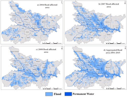 Figure 5. Mapping flood prone areas in Bihar using MODIS data for major flood events in (a) 2004, (b) 2007, (c) 2008 and (d) recurrent flood extent between 2001 and 2015.