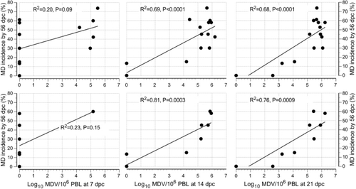 Figure 5. Association between MD incidence and pathogenic MDV load in PBL at various times post infection. Each data point represents the mean Log10 MDV copy number in PBL of five chickens from each isolator and the corresponding MD incidence of that group up to 56 d.p.c. First row, unchallenged isolators excluded; second row, unchallenged and unvaccinated treatments excluded.