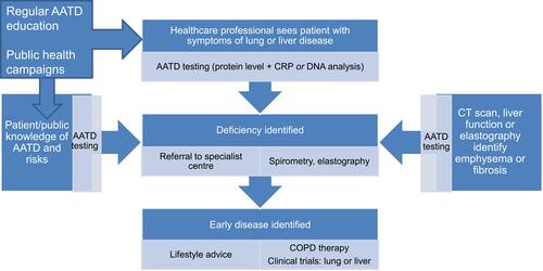 Figure 1 Optimized detection of AATD, In the above system patients or healthcare professionals could access AATD testing, and it would also be automatically triggered by identification of emphysema or liver fibrosis on tests done for other reasons. Educated healthcare professionals would always test for AATD in relevant respiratory and hepatic presentations, and patients aware of (for example) a family history of AATD or COPD would know that they should get tested and would access it themselves either before or after a healthcare professional saw them. Referral to specialist centers would occur early after a positive laboratory test.