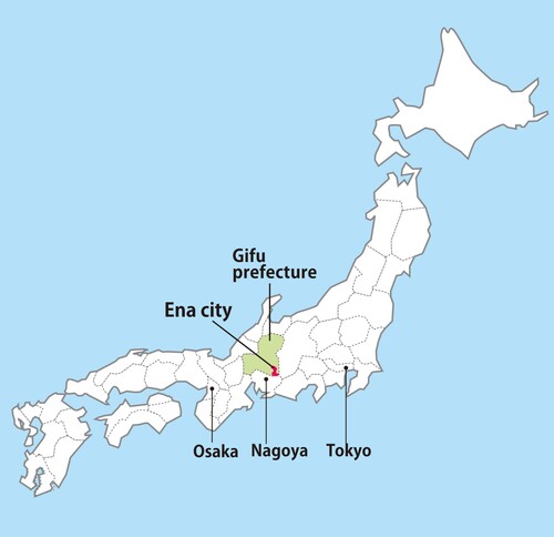 Figure 1. Location of Ena City, Gifu prefecture, Japan.Source: Figure reproduced with permission of the NPO Ena-shi Sakaori Tanada Preservation Association (https://sakaori-tanada.com/english/introduction/outline/).