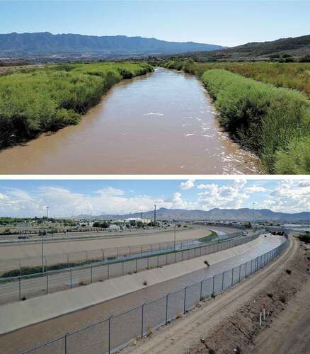 FIGURE 8 The Rio Grande upstream (top) and downstream (bottom) of the U.S.-Mexico border. The river is transformed into a hardened boundary at El Paso, Texas with much of its discharge diverted into the swiftly flowing American Canal (bottom foreground). The canal poses a perilous barrier to migrants seeking undocumented entry into the United States, with numerous swift-water rescues and drownings annually (Smith Citation2020). Today, nearly one-fourth of the world’s non-coastal international political borders are set by large rivers (Popelka and Smith Citation2020). [Territory] (Author photo, 2017).
