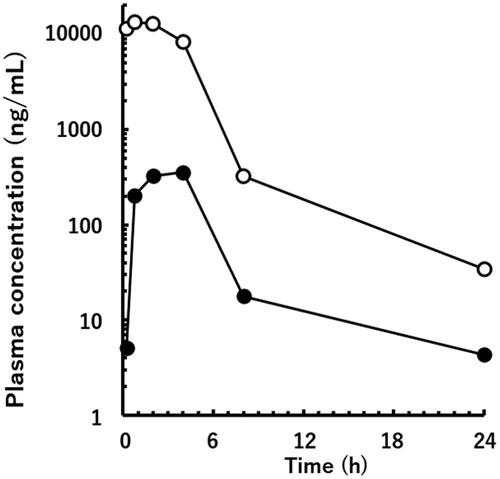 Figure 6. Plasma concentrations of the unchanged drug (open circle) and M1 (solid circle) after oral administration of 30 mg/kg of valsartan in a poor metaboliser marmoset.