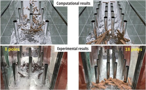 Figure 25. Comparison of computational results and experimental results for tsunami with driftwood against tide protection forest at t=4.80 s (left: case 3, right: case 4).
