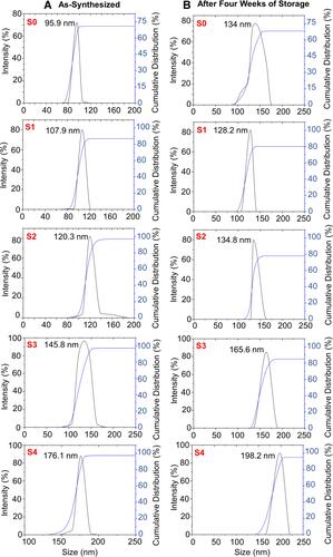 Figure 7 Hydrodynamic size distributions of the nanofluid samples containing Fe3O4 NPs (A) as-synthesized and (B) after four weeks of storage.
