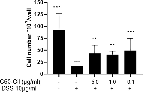 Figure 9 Effects of C60-Oil, on the cell number of HT-29 cells induced with DSS. Cells were treated with C60-Oil for 24 h before being stimulated for 24 h with DSS. Values are presented as the mean ± standard deviation of the estimated number of cells. **p<0.01; ***p<0.001 compared to the group stimulated with DSS and not treated with C60-Oil.