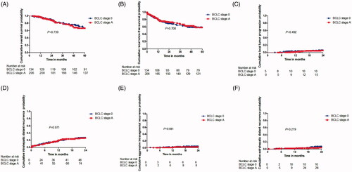 Figure 3. Kaplan–Meier curves comparing OS, RFS and four types of tumor progression outcomes after MWA between BCLC stage 0 and A group. (A) comparing OS between BCLC stage 0 and A group; (B) comparing RFS between BCLC stage 0 and A group; (C) comparing LTP between BCLC stage 0 and A group; (D) comparing IDR between BCLC stage 0 and A group; (E) comparing AIR between BCLC stage 0 and A group; (F) comparing EDR between BCLC stage 0 and A group. OS: overall survival; RFS: recurrence-free survival; MWA: microwave ablation; BCLC: Barcelona clinic liver cancer; LTP: local tumor progression; IDR: intrahepatic distant recurrence; AIR: aggressive intrasegmental recurrence; EDR: extrahepatic distant recurrence.
