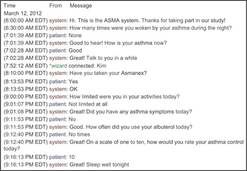 Figure 1 A sample web-based interaction log recording interactions between the mobile phone-based asthma self-management aid for adolescents and a participant.