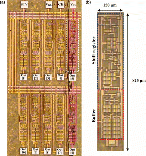 Figure 7. Micrographs of (a) the proposed 10-channel gate driver and (b) the unit stage gate driver, which is composed of a shift register and a buffer.