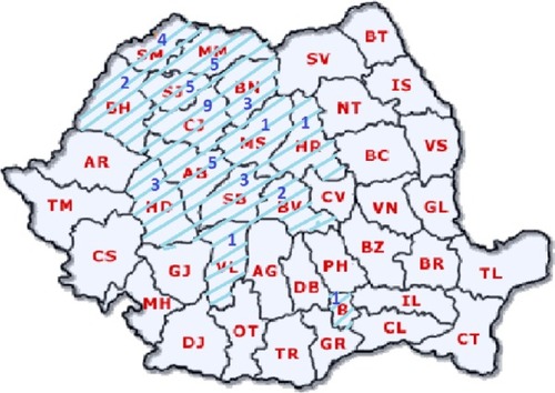Figure 1 Patients’ distribution according to their geographic area of origin in Romania.