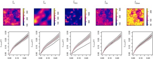 Figure 10. Model 1: First-order intensity estimators (top), and 1nhomogeneous L-test for Thomas cluster point processes with μ=5 and σ=0.025 (bottom). See details in the caption of Figure 4.