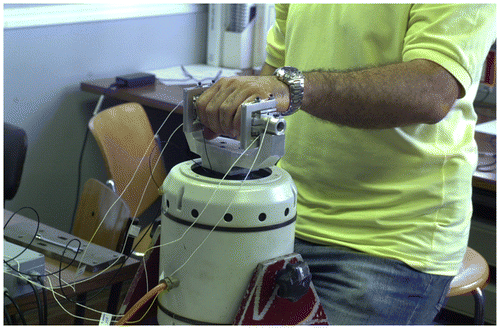 Figure 6. Instrumented handle mounted on the shaker for a dynamic test.