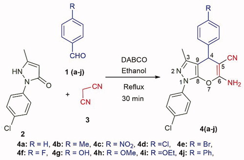 Scheme 3. Synthesis of pyrano[2,3-c]pyrazoles by three-component reaction (with labelled atoms).