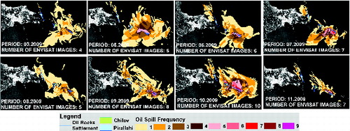 Figure 13. Map of monthly oil spill frequency around the Oil Rocks, Chilov and Pirallahi Islands during 2009.