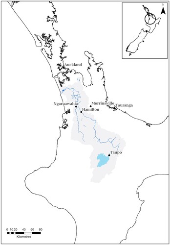 Figure 1. Map showing the location of the Waikato and Waipā Rivers.