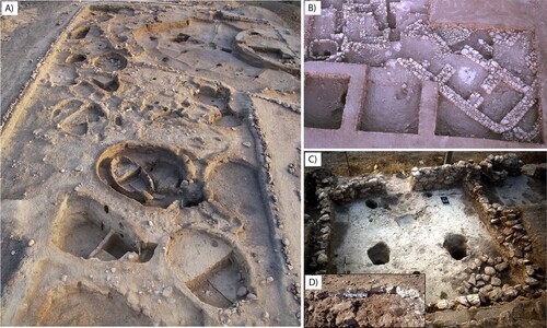 Figure 2. Key structural features at Wadi Faynan 16 and ‘Ain Ghazal. (A) Aerial overview of WF16 and the circular-oval structures that were excavated; (B) ‘Ain Ghazal Yarmoukian structure; (C) ‘Ain Ghazal plaster floor in structure 3083 (AG84); (D) ‘Ain Ghazal Pre-Pottery Neolithic C (PPNC) huwwar floor in section.