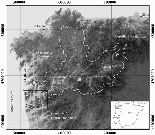 Figure 1. Overview of the Miño-Sil catchment in NW Iberia. Figure adapted from CitationViveen, Braucher et al. (2012).