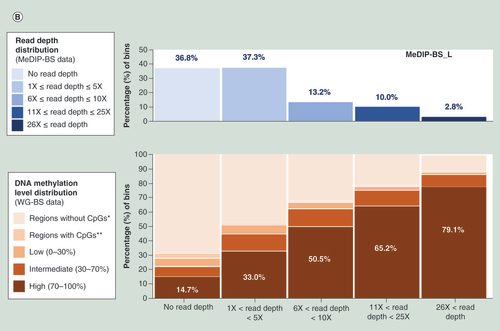 Figure 3.  Correlation between DNA methylation levels and read depth of MeDIP-BS and MeDIP-seq. (A) Read depth distribution for each method in whole-genome bins or CpG site-containing bins. DNA methylation level distribution of WG-BS according to the read depth distribution of MeDIP-BS (B) and MeDIP-seq (C) in the L dataset.*Regions (without CpGs) covered by WG-BS reads, but not by MeDIP-seq or MeDIP-BS reads.**Regions (with CpGs) covered by WG-BS reads, but not by MeDIP-seq or MeDIP-BS reads.