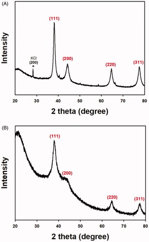 Figure 4. X-ray diffraction pattern. (A) OE-AuNPs and (B) OE-AgNPs. A black asterisk represents a byproduct of the reaction.