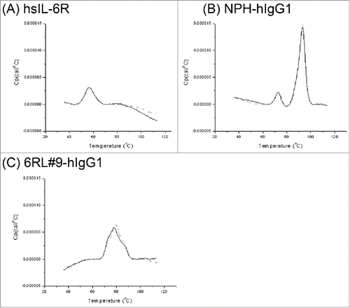 Figure 3. Effect of a calcium ion on the thermal stability of 6RL#9 and its antigen hsIL-6R. The thermal stability of hsIL-6R (A) and anti-hsIL-6R antibodies (B: NPH-hIgG1, C: 6RL#9-hIgG1) was determined by differential scanning calorimetry at 2 mM or 3 µM of a calcium ion. Dotted line represents 2 mM CaCl2 condition and solid line shows 3 µM CaCl2 condition.