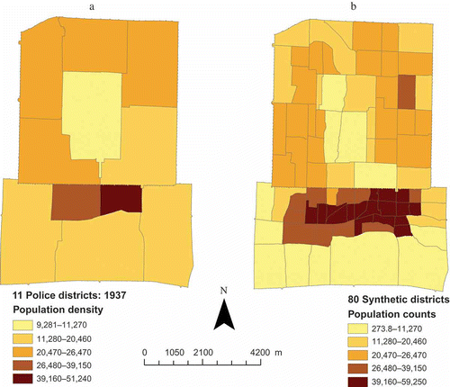 Figure 10. Population density levels of the 11 police districts (a) and the 80 synthetic districts (b).