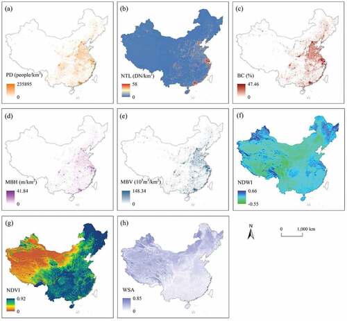 Figure 2. Spatial distribution of influencing factors used in the study: (a) PD, (b) NTL, (c) BC, (d) MBH, (e) MBV, (f) NDWI, (g) NDVI, and (h) WSA.