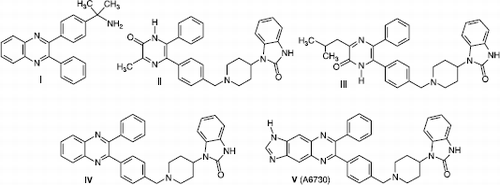 Figure 1 Structures of 2,3-diphenylquinoxaline I, pyrazinones II-III, quinoxaline IV and V (A6730), Akt kinase inhibitors.