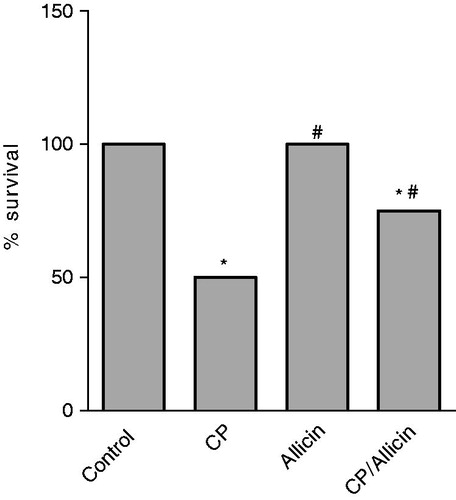 Figure 1. Effect of cyclophosphamide (CP, 150 mg/kg) and/or allicin (50 mg/kg) on percent survival of rats. *Significantly different from the corresponding value of the negative control group. #Significantly different from the corresponding value of the CP-treated group. Statistical comparisons were performed using the chi-square test (p < 0.05).