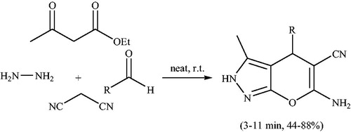Scheme 2. Synthesis of pyrano[2,3-c]pyrazole derivatives under solvent and catalyst-free conditions.