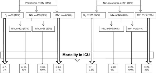 Figure 4 Mechanical ventilation demand and ICU outcome in COPD patients with/without pneumonia in the ICU.