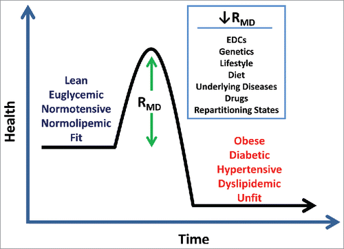 Figure 1. Conceptual framework for the transition from normal energy homeostasis to metabolic disease. Normally, homeostatic processes resist the development of metabolic and cardiovascular diseases from states of good health. This resistance to metabolic disease (RMD) can be overcome in a number of ways. Rarely, the RMD can be overcome by single toxicant exposures or individual gene defects. More commonly, the development of metabolic diseases results from the summation of multiple hits that, in total, effectively lower RMD and facilitate disease development. These hits may include the coordinate effects of multiple EDCs effectively antagonizing signaling cascades, or multiple complementary signaling pathways, that are critical for maintaining energy homeostasis. Alternatively, EDCs may facilitate disease development when exposure occurs in concert with other cardiometabolic stressors such as the individual's genetics, diet, lifestyle, underlying disease states, pharmacological treatments, and clinical states that promote fat repartitioning. Understanding how EDCs function in the context of these additional stressors is critical for identifying patients at high risk for EDC-induced cardiometabolic disease as well as for devising effective treatment strategies to limit the impact of EDCs on human health.