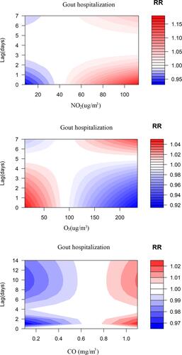 Figure 2 Contour plots for relative risk (RR) of gout hospital admissions along NO2, O3 and CO at lag periods in Anqing, China, 2016–2020.