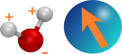 Figure 1 (Colour online) Atomistic water molecule and the ELBA model. The left panel shows a water molecule at the atomic level, with a negative charge (‘ − ’ sign) on the oxygen atom and two positive charges (‘+’ signs) on the hydrogen atoms. The right panel depicts an ELBA water site, with the arrow representing an electrical point dipole.