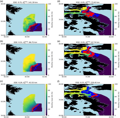 Figure 5. An illustration of the monthly EDE and δHwavg values over the study area for April 2017: (a) ASI, (b) NT2, (c) BT, and October 2017: (d) ASI, (e) NT2, (f) BT. Ice edges determined by the CIS ice chart are in blue color contours, and those from the ASI, NT2, and BT algorithms are in red color contours. Edge determination is based on a 15% SIC threshold, and the ice edges are calculated based on the monthly SIC values. The regions without data are shown in light blue, while the lands are black.