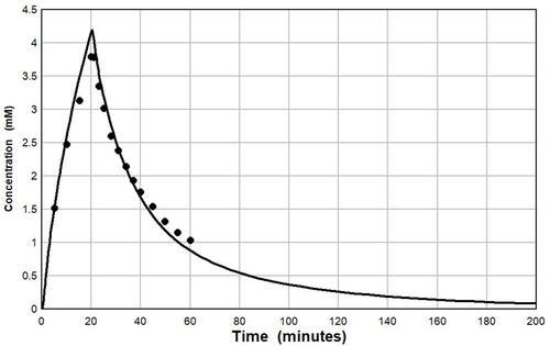 Figure 2 Comparison of the plasma D-lactate experimental data (solid circles) of Connor et al following a 20 minute, 105 millimolar constant IV infusion versus the PBPK model prediction (line) assuming a whole body clearance of 607 mL/min and Km of 5 mM.