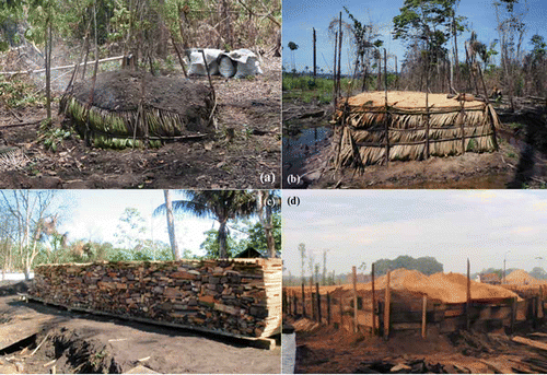 Figure 2. (a) Rural earth mound kiln. (b) Rural sawdust covered artisanal kiln. Sawdust is derived from nearby sawmills or transported down rivers from the city. (c) Urban kiln in construction. (d) Urban kiln in carbonisation.