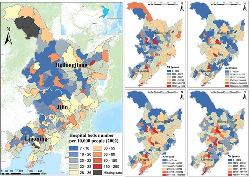 Figure 1. Experimental data in the study area of northeast China at the county level in the year 2002: (a) response variable: hospital beds per 10,000 people; socioeconomic covariate variables: (b) X1 balance of urban and rural resident’s savings per capita, (c) X2 balance of loans from financial institutions per capita, (d) X3 GDP per capita, and (e) X4 primary industry output value per capita.